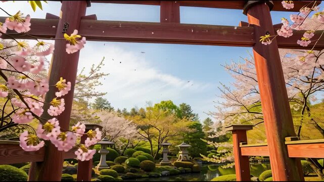 Traditional japanese gate with blossoming cherry trees in a garden