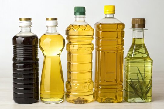 A row of six bottles of oil, including palm oil, sit on a table
