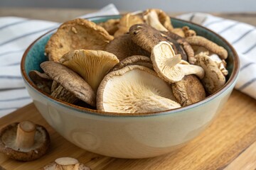 Fototapeta premium A bowl of mushrooms is on a table