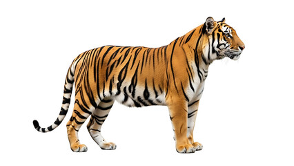 Obraz premium majestic tiger standing in profile isolated on white background showcasing powerful wildlife presence striped fur detail strength focus and endangered animal conservation concept
