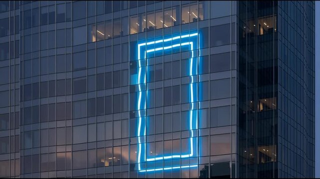 Modern office building exterior with blue neon frame at twilight