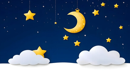 Whimsical night sky with crescent moon and stars hanging above clouds