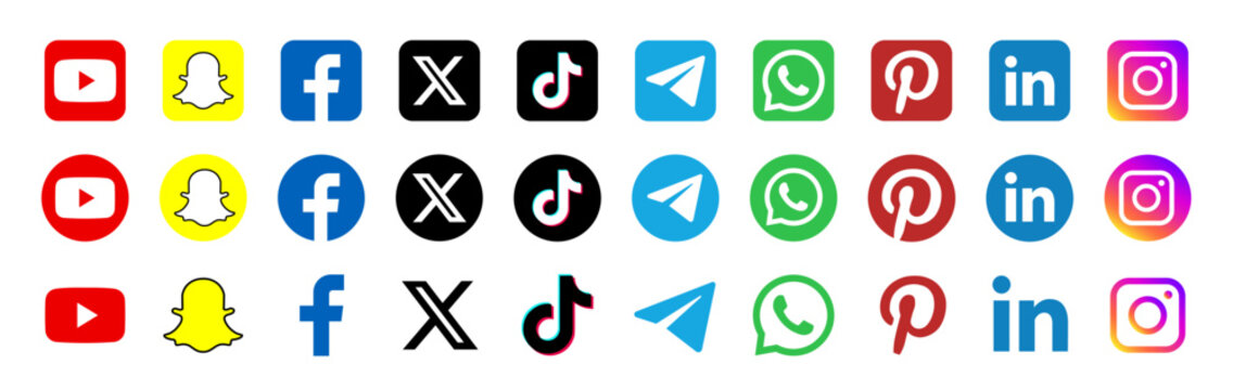 Social media icons set in rounded square, circle, and glyph styles.