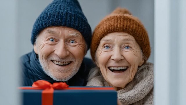 Joyful Elderly Couple with Gift: An elderly couple shares a moment of happiness as they eagerly anticipate opening a beautifully wrapped gift. Their warm smiles capture the spirit of togetherness.
