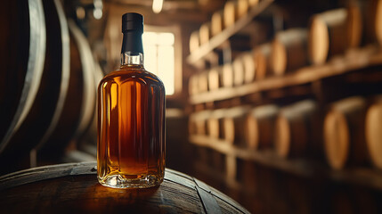 Bottle of whiskey placed on top of a wooden barrel with more barrels in a dimly lit storage room with a warm and rustic atmosphere