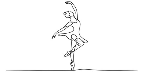 Graceful continuous line art drawing of a ballerina dancing on pointe Vector, illustration © Single Line Art