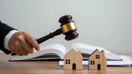 Hand holding gavel over wooden house models on open book