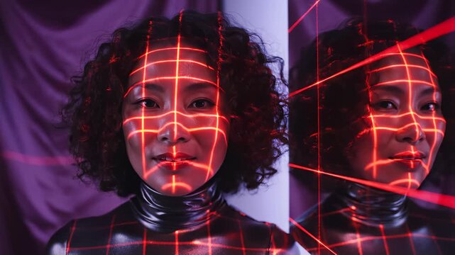Woman with glowing grid pattern on face