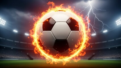 Fototapeta premium Soccer ball on fire with lightning in stadium background