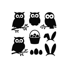 Fototapeta premium Easter silhouette clipart featuring owls a basket eggs and bunny ears on white background