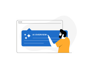 AI overview provides instant generative summary at search top with key insights information links exploration artificial intelligence technology concept. AI overview isolated vector illustration