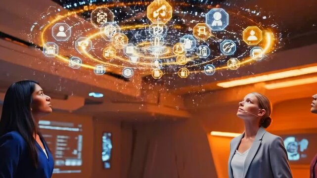 Three diverse women around holographic table exploring network data and icons in warm futuristic boardroom executives discuss strategy while touching glowing orange interface, reviewing