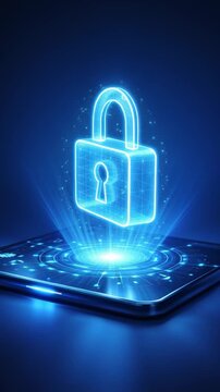 Cyber security data protection privacy lock legislation global network shield glowing hologram padlock digital screen futuristic concept secure encryption technology mobile device connection