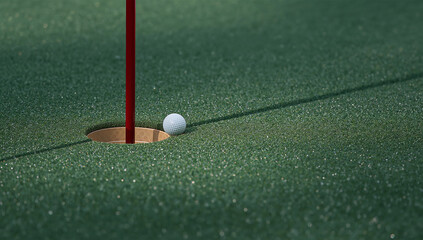 朝露に光るグリーンでカップ際に止まるボールと赤旗の静かな瞬間