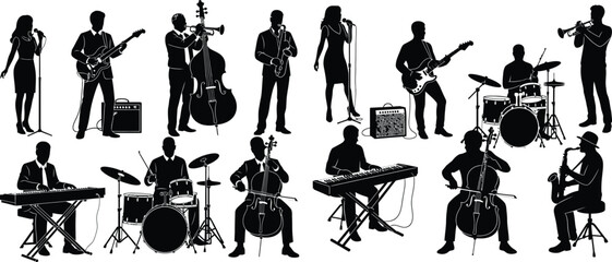 Obraz premium Musical band silhouettes set, with singer, drummer, guitarist, and other musicians playing instruments