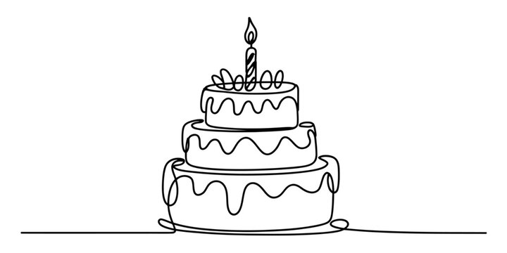 A continuous line art drawing of a three-tiered birthday cake with a candle on top Vector, illustration