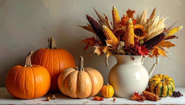 Still life composition featuring vibrant orange pumpkins and a floral arrangement with corn, sunflowers, and fall foliage in a white vase