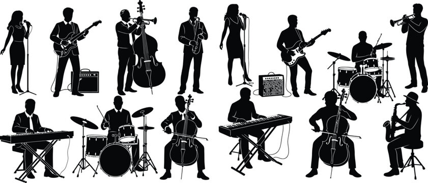 Musical band silhouettes set, with singer, drummer, guitarist, and other musicians playing instruments