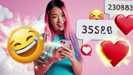 Young woman with colorful hair smiling while using smartphone surrounded by social media reaction emojis and notification bubbles against a pink background with clouds - Powered by Adobe