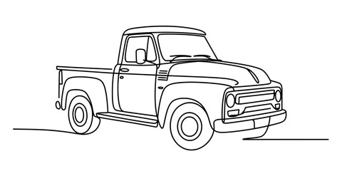 Minimalist continuous line art drawing depicting a classic vintage pickup truck Vector, illustration © Creative_Outline2019