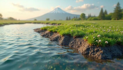 Majestic snow capped mountain peak illuminated by golden hour sunlight casting serene reflections on a gentle flowing river