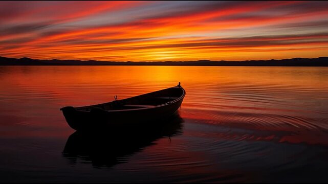Tranquil lake sunset scene with silhouette boat vibrant sky reflection