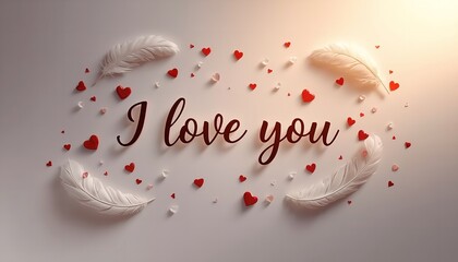 A romantic message with feathers and hearts on a soft background