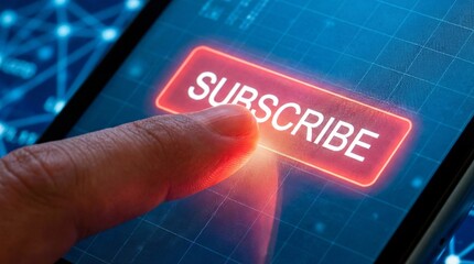 Finger pressing subscribe button on modern digital device screen