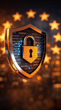 Glowing coin digital currency data privacy legislation global fintech blockchain cyber security shield lock secure network encryption compliance protection technology background icon symbol abstract