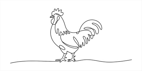 One line drawing of a rooster standing on a white background, minimalist vector art Vector, illustration © Creative_Outline2019