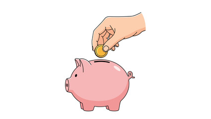 Close up human hand inserting golden coin into pink piggy bank for saving money concept © Jonmart