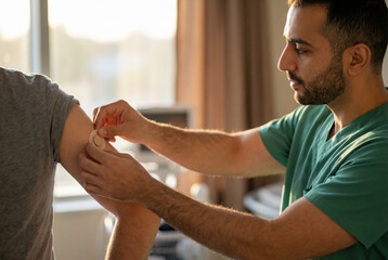 A young Middle-Eastern man installs a glucose monitor on the arm of a Caucasian man in a well-lit room. The setting is casual and medical equipment is visible