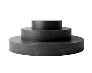 Three tier dark gray stone podiums layered vertically on transparent background