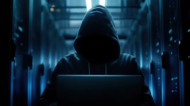 Hacker using laptop in server room - Powered by Adobe