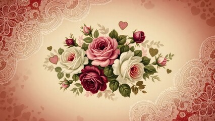 Vintage-Style Valentine Card Design with Hand-Painted Roses, Lace Fabric Edges, Subtle Heart Motifs, Warm Romantic Colors