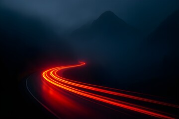 Dynamic red light trails illuminate a winding mountain road at night conveying speed and progress