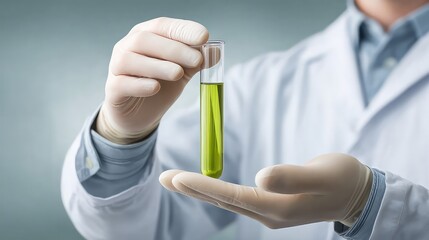 Scientist in futuristic lab, examining vibrant purple liquid in test tube, advanced equipment surrounding, focused on chemical analysis and innovative research.