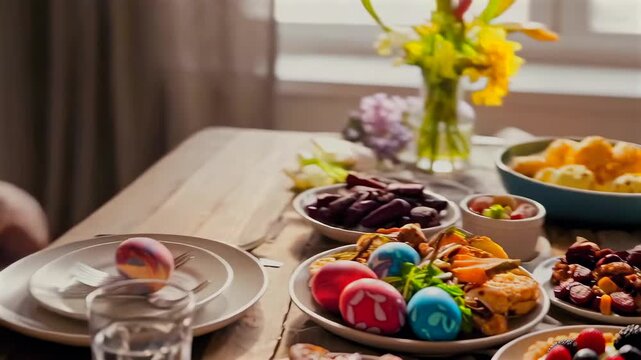 Easter brunch table with colorful eggs, berry tarts, glazed pastries, bowls of fruit, chocolate treats, daffodils centerpiece, glassware and plates, warm natural light, cozy spring