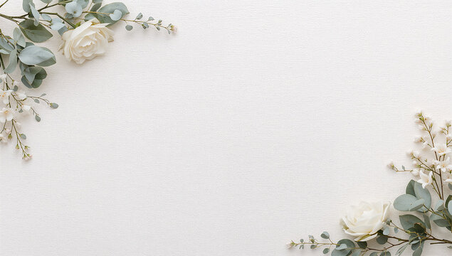 白いリネン紙にユーカリと淡い花の上下フレーム、人物なし、招待状向け