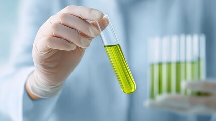 Scientist in futuristic lab, examining vibrant purple liquid in test tube, advanced equipment surrounding, focused on chemical analysis and innovative research.
