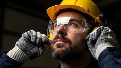 Man in yellow hard hat and goggles looking upwards with gloved hands on head