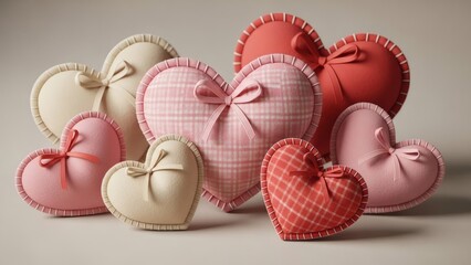 Cute Valentine Card Illustration with Plush Fabric Hearts, Stitched Details, Ribbon Bows, Cozy Handmade Look, Soft Lighting