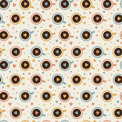 Vector illustration of a seamless pattern of coffee cups with colorful hearts on a yellow background.