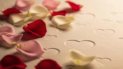 Soft Romantic Valentine Card Background with Scattered Rose Petals and Subtle Heart Impressions on Textured Paper