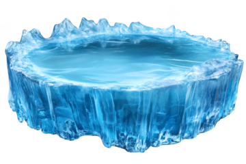 Circular frozen pool with textured ice edges shimmers with cool blue light on transparent background