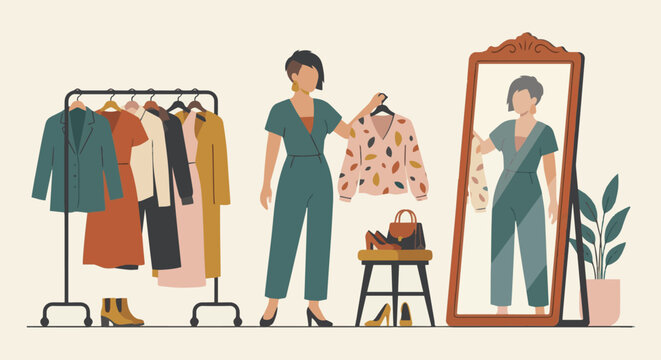 4. Model Changing Outfits
A flat vector illustration of a model standing near a clothing rack, changing or selecting outfits. Mirror and garments visible. Flat vector style, fashion workflow scene.