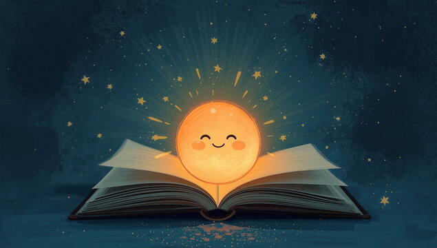 人物なしの夜色の背景に、灯りのように輝く笑顔の丸い光が開いた本から現れる情景