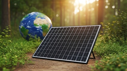 Solar panel on a forest path with a globe in the background