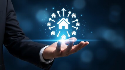 Hand holding glowing house with multiple arrows in blue background