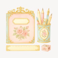 Naklejka premium Vintage floral stationery set illustration.